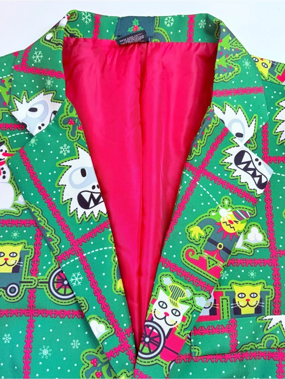 Ugly Christmas Green Blazer Jacket Snowman Yeti Elves Cats Holiday Time SZ S